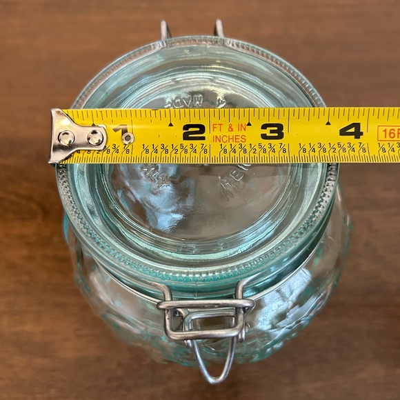 HERMETIC GREEN TINT GLASS FRUIT EMBOSSED 6" CANISTER WIRE BAIL HINGED LID ITALY - Picture 14 of 15